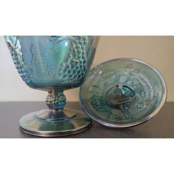 Iridescent Blue Carnival Glass Candy Dish w/ Lid – Indiana Grape Pattern - Picture 5 of 5